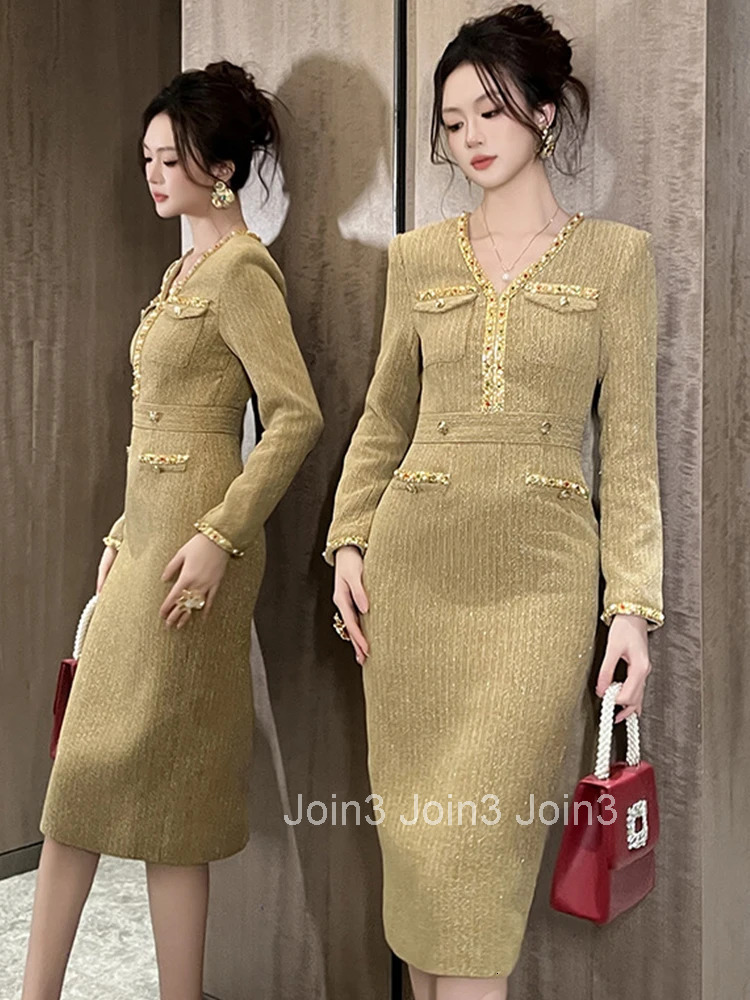 Women Clothes Formal Occasion Retro Tweed V-Neck Slim Midi Pencil Dress Elegant Fashion Party Vestidos Casual Autumn Winter New