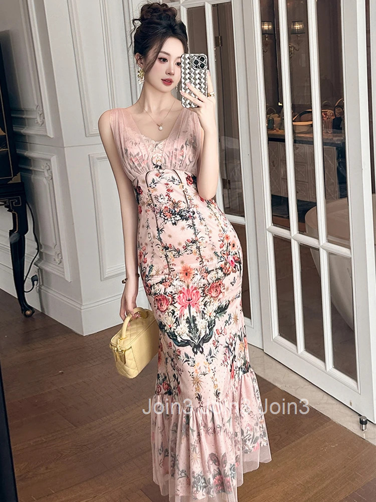 Summer Fashion Pink Floral Print Vacation Evening Dress Women Clothes Elegant Sexy Tank V-Neck Slim Long Robe Party Prom Vestido