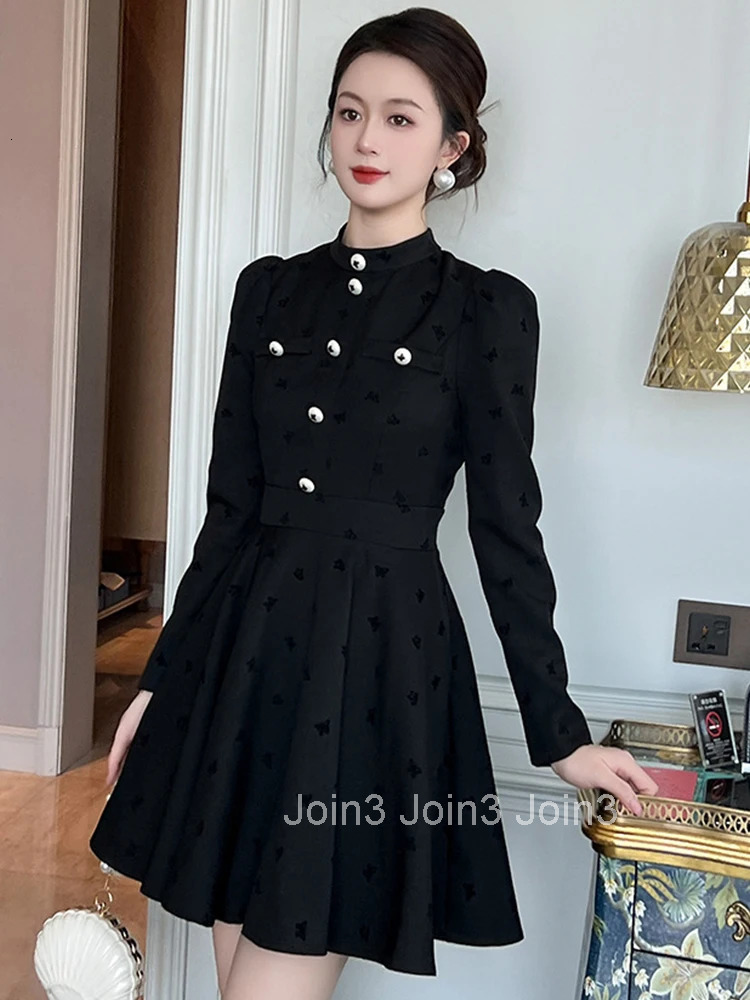 Women Clothes Black Embroidery Stand Neck Slim A-Line Mini Short Dress Elegant Fashion Party Vestidos Casual Formal Occasion New
