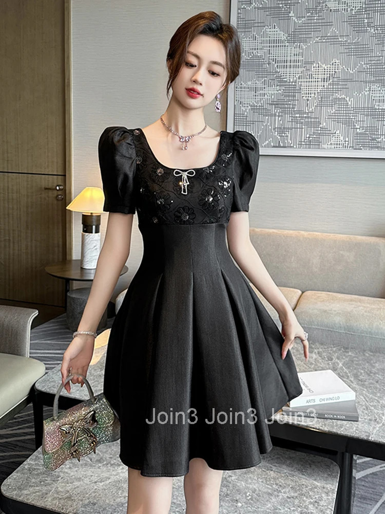 Summer Black Sequin Square Collar Gown Evening Dress Women Clothes Vintage Sweet Puff Sleeve Slim Short Party Club Prom Vestidos