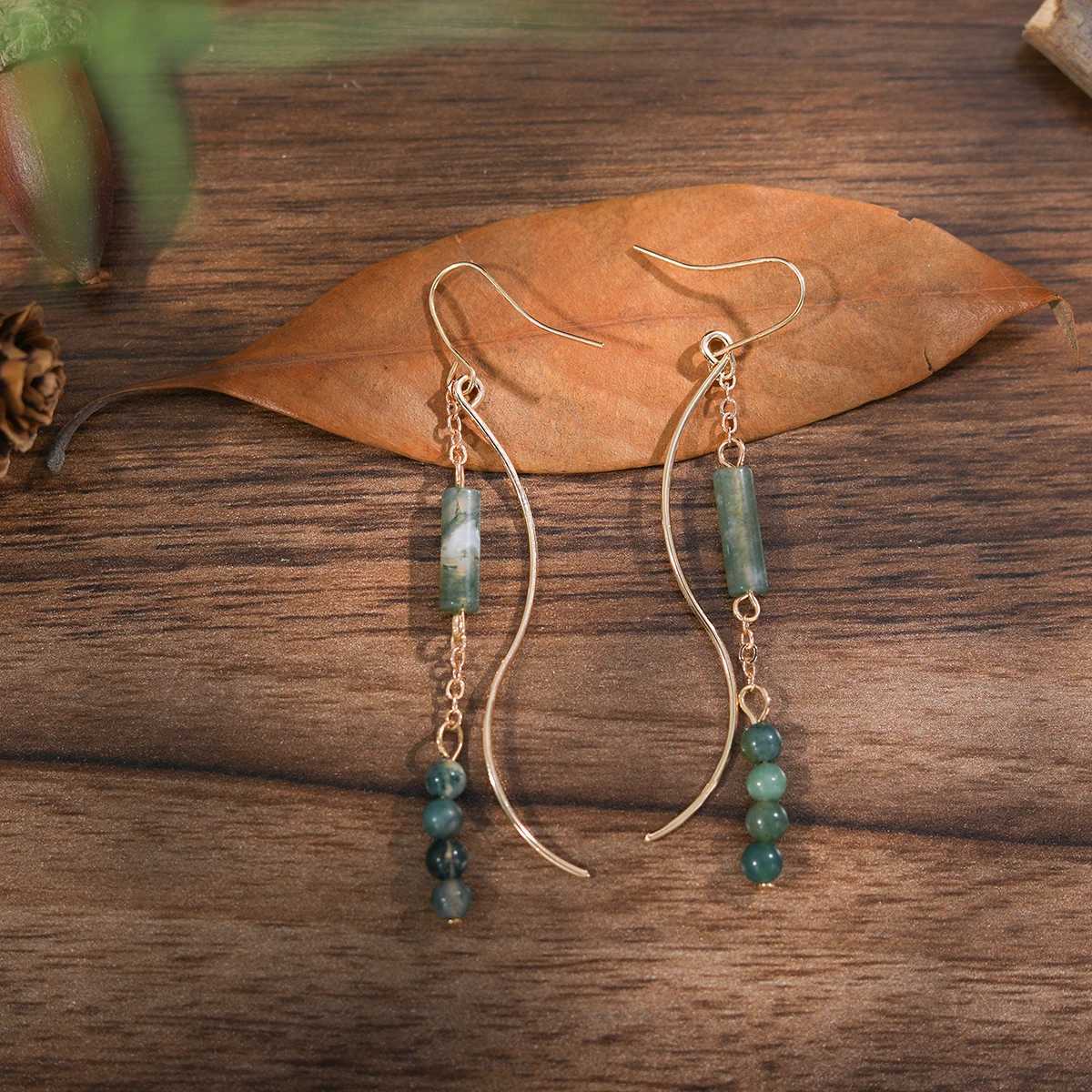 Personality Design Curved Earrings For Women Vintage Green Stones Round Beads Pendants Ladies Ear Accessories Jewelry EarringsXJ250623