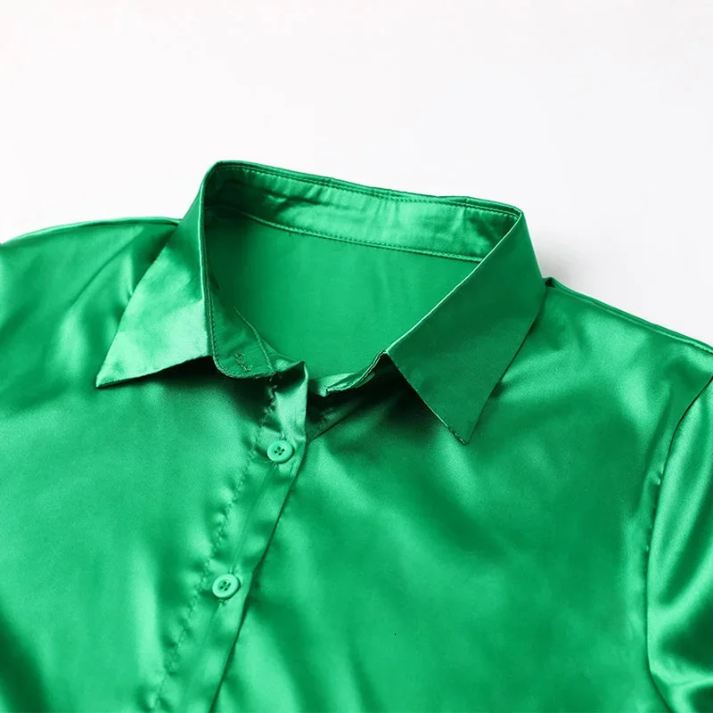 Long Sleeve Blouse Tops Women Shirt Green Button Up Lapel Loose Satin Camisas Elegant Spring Summer Office Ladies Shirts Top 250617
