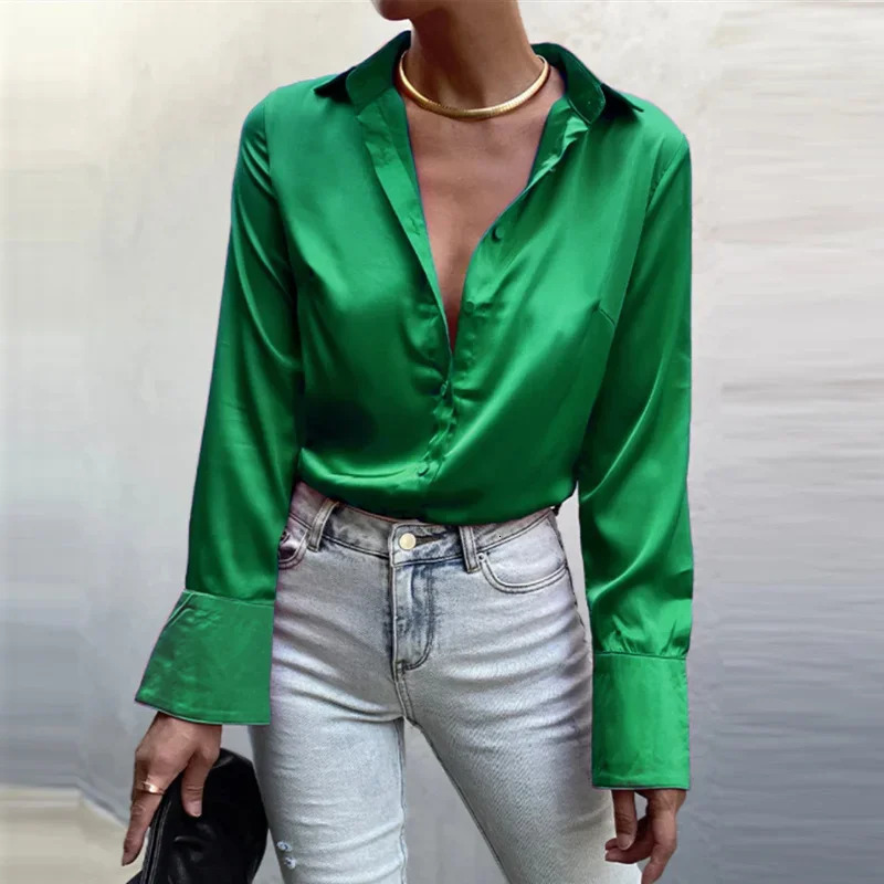 Long Sleeve Blouse Tops Women Shirt Green Button Up Lapel Loose Satin Camisas Elegant Spring Summer Office Ladies Shirts Top 250617