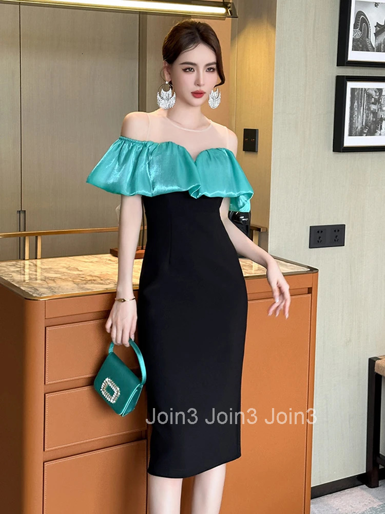 New Summer Mesh Splic O-Neck Gown Evening Dress Women Clothes Elegant Ruffle Sexy Off-Shoulder Skinny Party Club Prom Vestidos