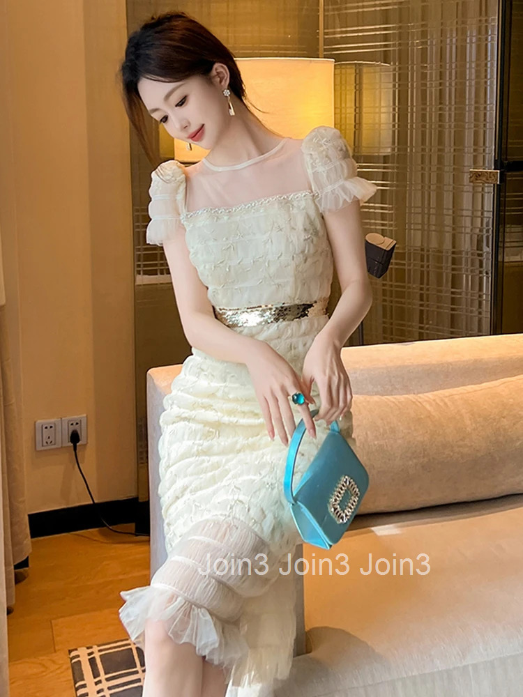 Women Clothes Mesh Embroidery Floral Sexy O-Neck Folds Skinny Evening Dress Elegant Luxury Fashion Party Prom Vestido Casual New