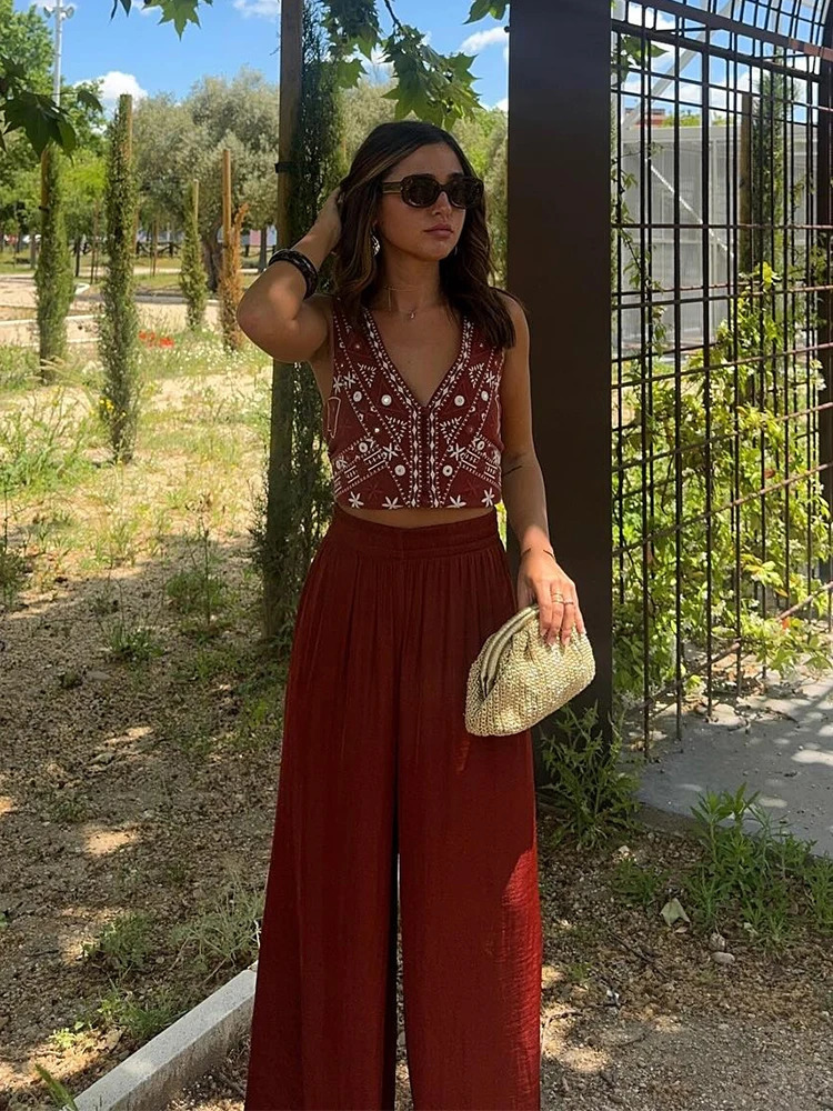 Casual Waistcoat Pants Set Vneck Sleeveless Waistcoats Short Trousers Female Sets 2025 Summer Embroidery Chic Lady Suit 250616
