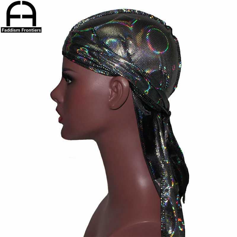 New Mens Colorful Sparkly Silky Durags Turban Bandanas Headwear Laser Men Silk DuRag Doo Rag Pirate Hat Hair Accessories Durags M250623