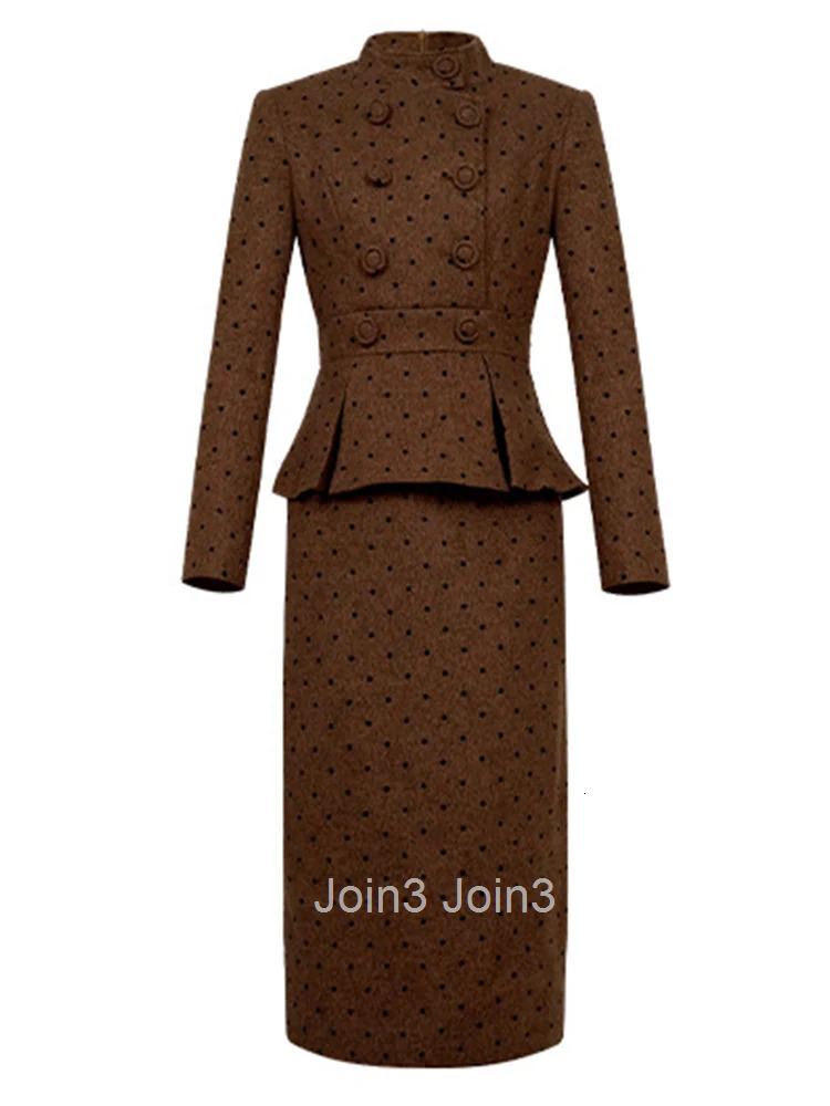 Women Clothes Retro Tweed Formal Occasion Fake 2-Piece Dot Double Breasted Ruffle Slim Midi Pencil Dress Elegant Vestidos Casual