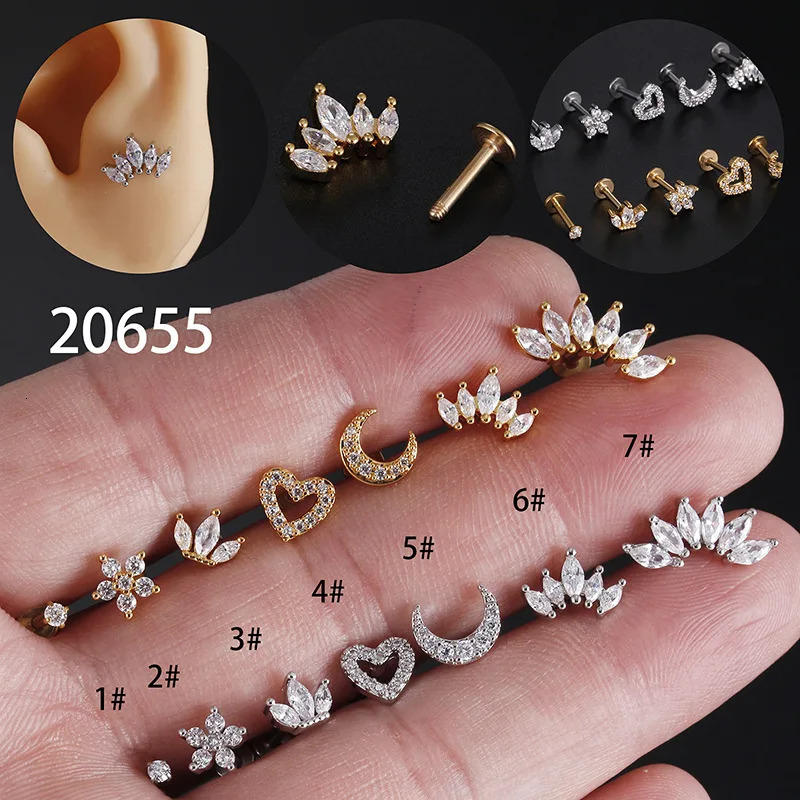 1Piece 12mm Heart Flower Crown Cartilage Earrings Stainless Steel Zircon Conch Rook Tragus Stud Labret Back Piercing Jewelry 250613
