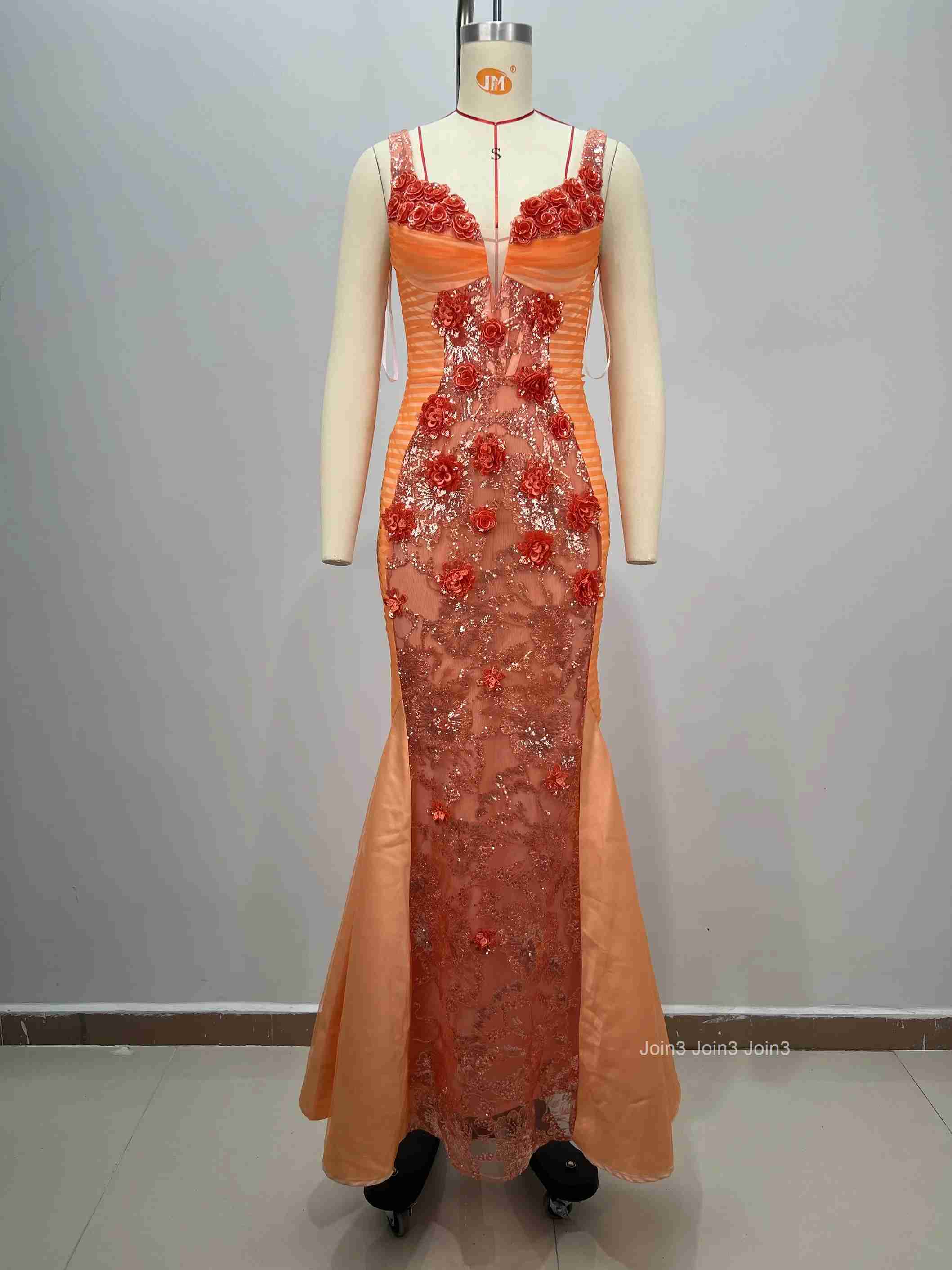 New Luxury Fashion Elegant 3D Flower Sleeveless Spaghetti Strap Long Dress Mermaid Gold Splash Evening Gown