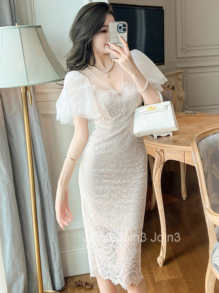 Fashion Summer Evening Long Dress For Women Chic Mesh Sheer Sexy V-Neck Skinny Wrap Hip Midi Party Prom Mujer Vestidos Clothing