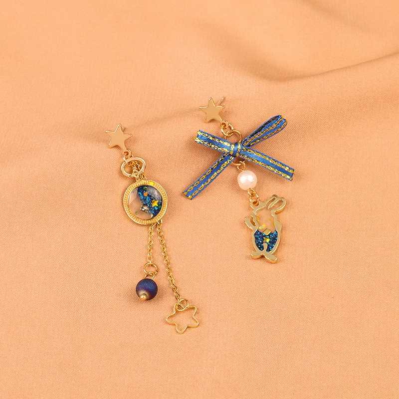 New Trend Blue Flower Dangle Earrings For Women Cute Animal Cat Cherry Blossoms Asymmetrical Earring Party Kitten Jewelry Gifts XJ250623