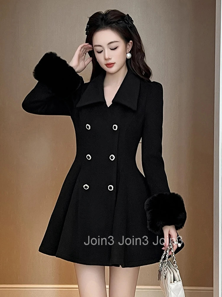 Women Clothes Black Woolen With Jacket Double-Breasted Elegant Hairy Long Sleeve Slim A-Line Coat Outerwear Autumn Winter Casual