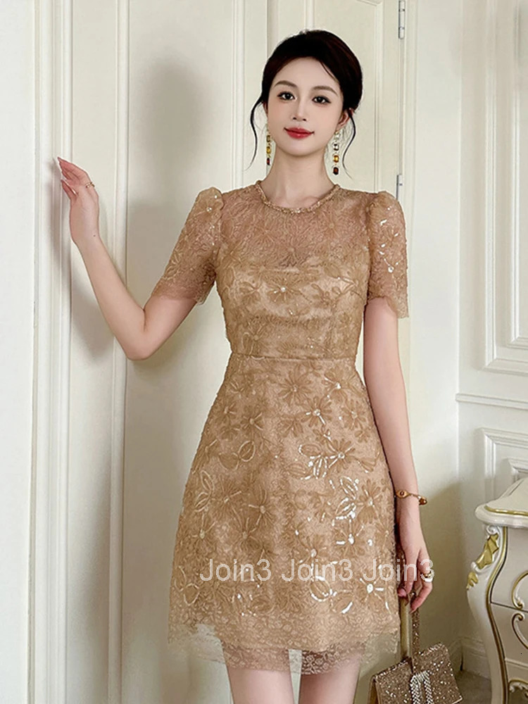 Elegant Vintage Lace Sequin Summer Fashion A-Line Short Dress Women Clothing Sweet O-Neck Slim Mini Party Prom Vestidos Fiesta