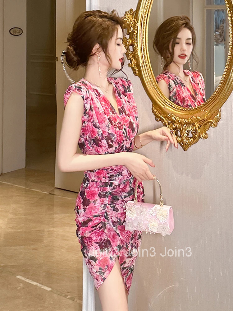 New Summer Mesh Elegant Women Evening Dress Floral Sexy V-Neck Skinny Midi Party Beach Mujer Prom Birthday Boho Stretchy Vestido