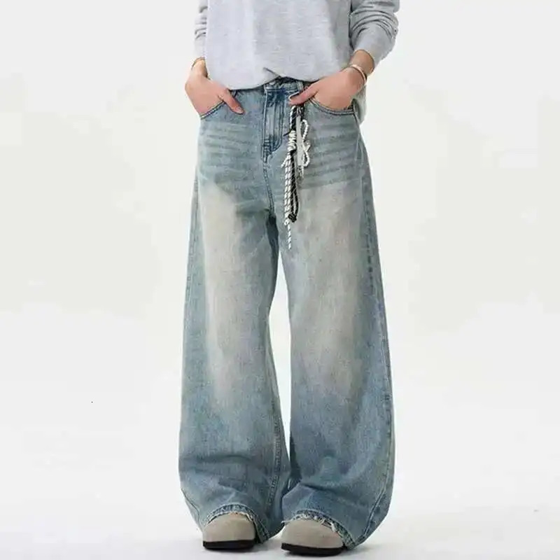 IEFB Distressed Jeans Solid Color Washing Summer Men Trousers Loose Wide Leg Casual Straight Moustache Effect Male Bottom 9W665 250618