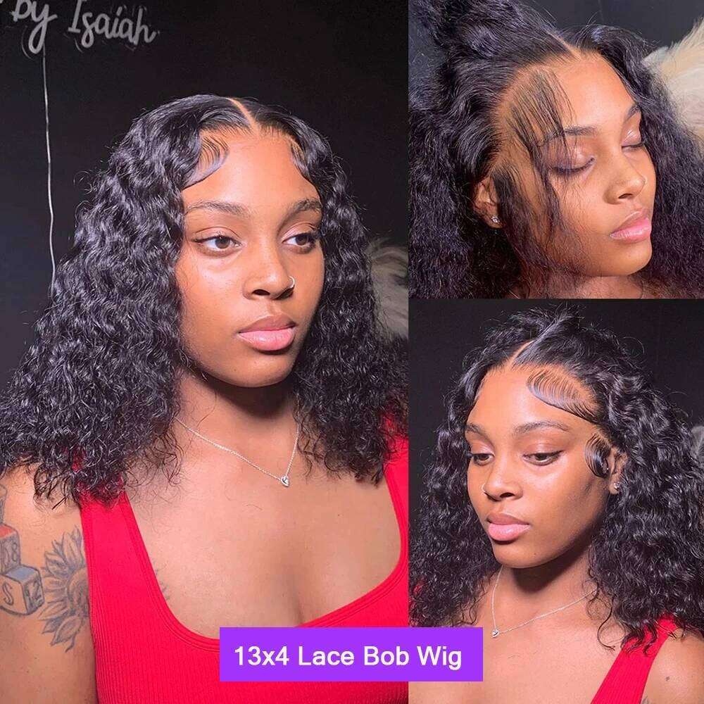 180% HD 13x4 Curly Short Bob Frontal Human Hair Wigs Deep Water Wave 13X4 Lace Front Wig Pre Plucked 4x4 Closure For Women