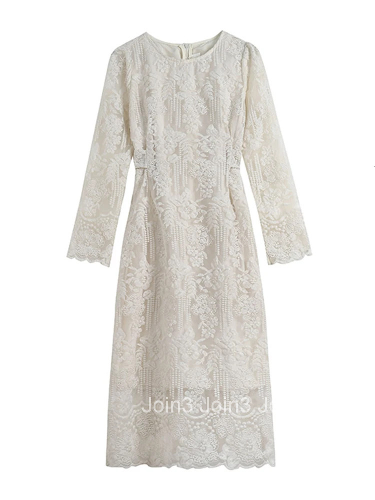 Spring Autumn Fashion Sweet Lace Embroidery A-Line Long Dress Women Clothes Elegant Vintage Puff Sleeve Slim Vestidos Robe Femme