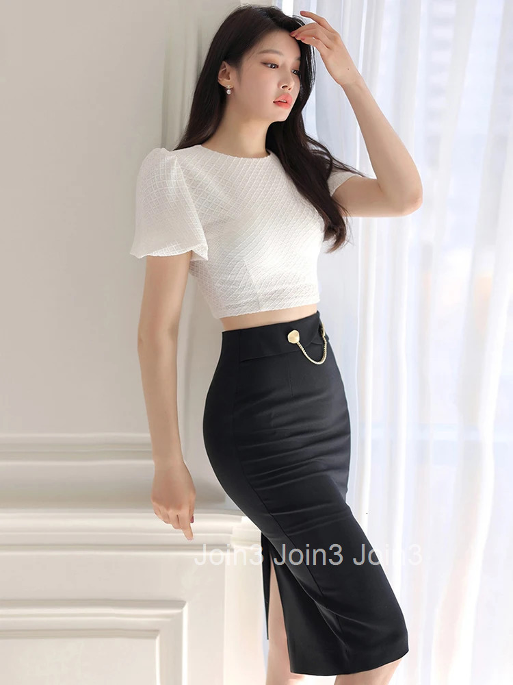 Summer Sexy 2 Pieces Outfits Women Clothes Elegant Puff Sleeve Crop Tops Shirt Blouse And Black High Waist Midi Skirt Mujer Set