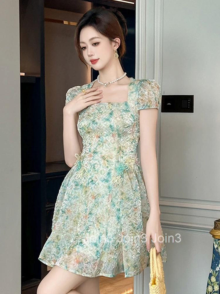 Women Clothes Sweet Floral Print Puff Sleeve Folds Slim Mini Short A-Line Dress Fashion Party Prom Vestidos Casual Beach Summer