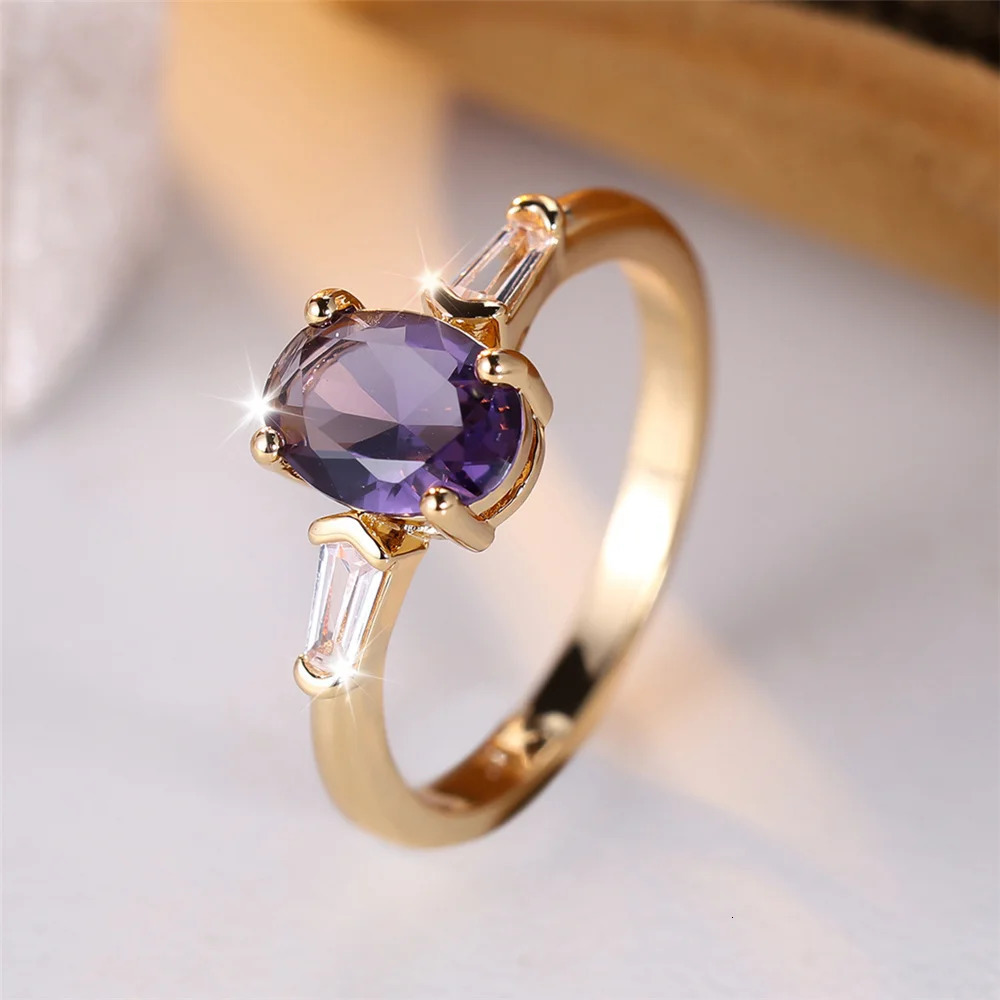 Purple Zircon Stone Male Female Fashion Crystal Engagement Ring Vintage Gold Color Wedding Jewelry For Women Men 250617