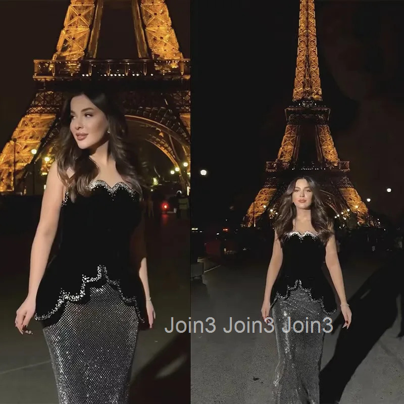 Womens Black Bandage Dress Strapless Sheer Mesh Skirt Sequin Embellished Beaded Waist A-Line Evening Gown Formal Party Wear
