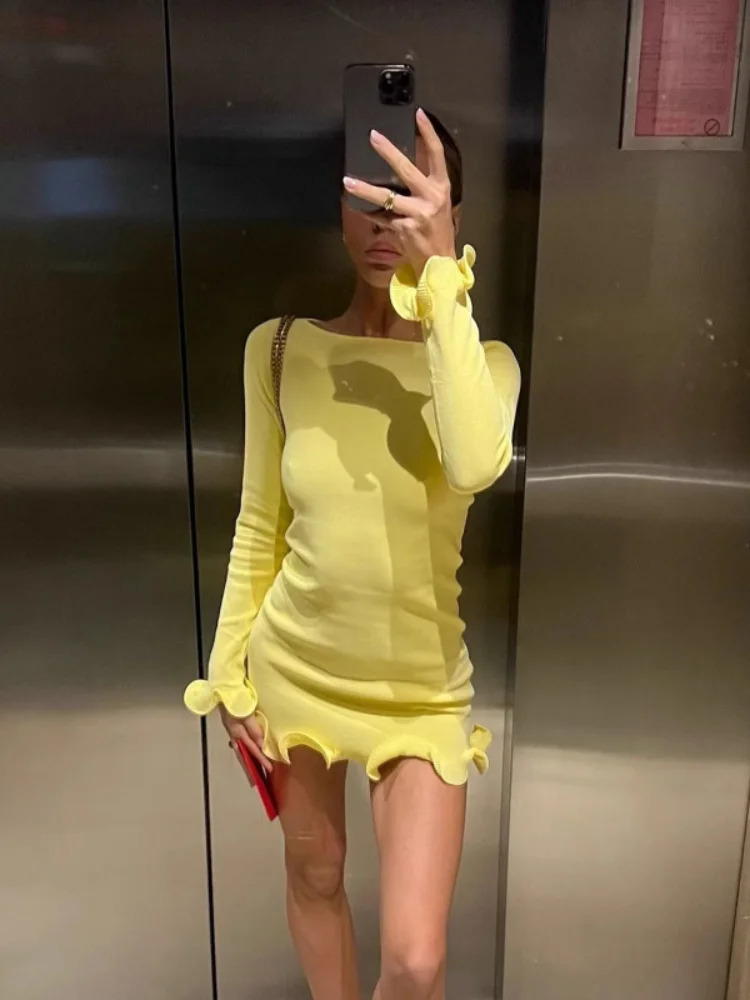 Women Chic Ruffles Hem Solid Mini Dress Elegant Full Sleeve High Waist Slim Fit Dresses Summer Vacation Street Vestidos 2025 250616
