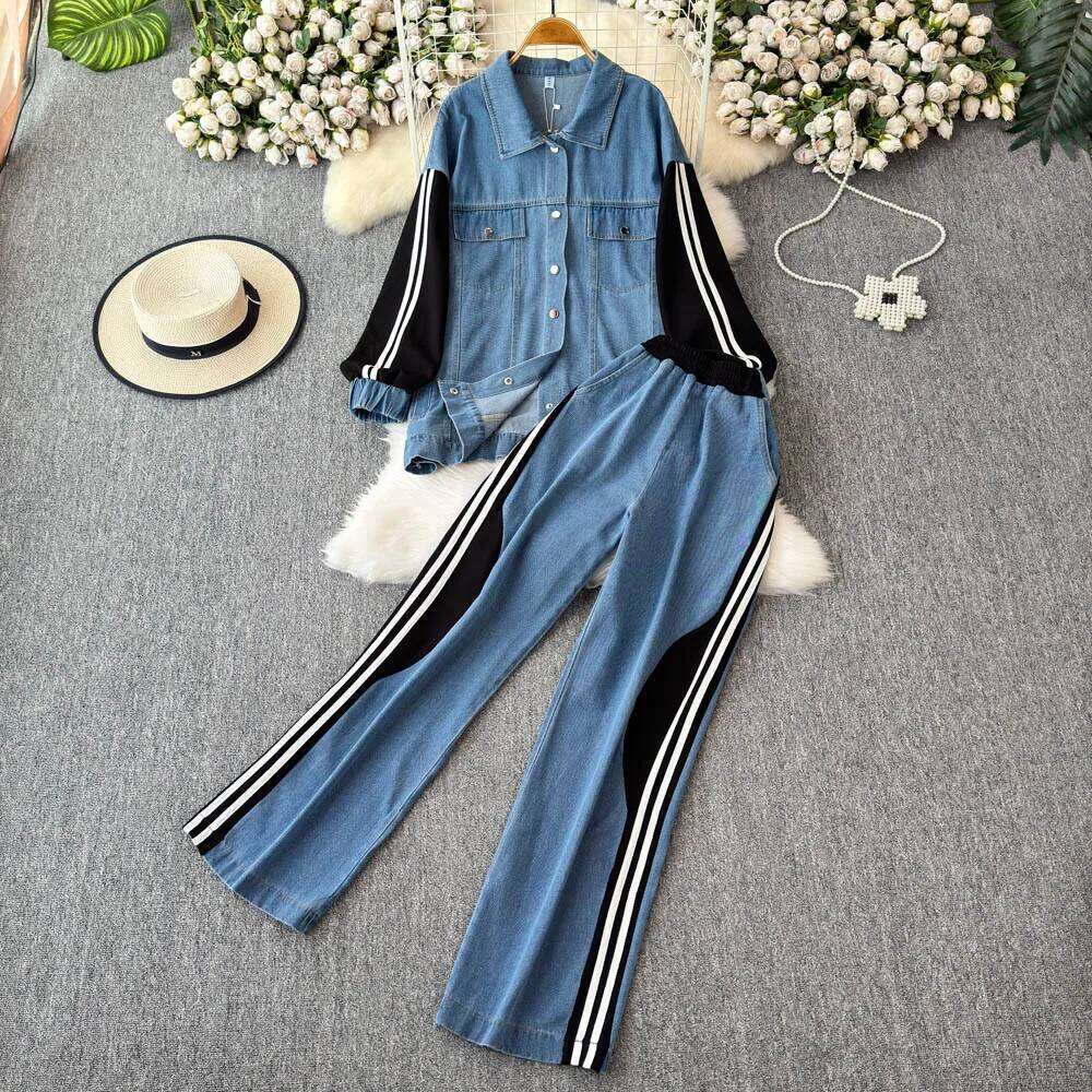 Color Contrast Fake Two Shirts + Wide Leg Pants Suit Sports Casual Denim Loose Slimming Women Two-piece Set