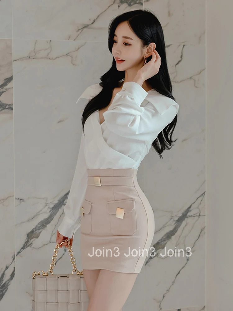 New Spring Autumn Sexy 2 Pieces Outfits Elegant Women Chic White V-Neck Tops Shirt Blouse Femme High Waist Mini Skirt Mujer Sets