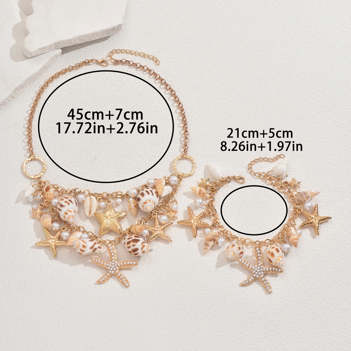 Ocean Style Women's Necklace Bracelet Set with Unique Starfish and Shell Inlaid Pearl Design Choker Jewelry