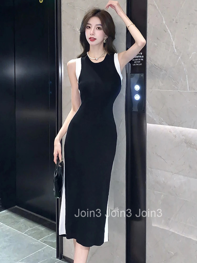 Women Street Clothes Black Knitted Sexy O-Neck Sleeveless Skinny Stretchy Dress Elegant Fashion Vestidos Robe Casual Summer New