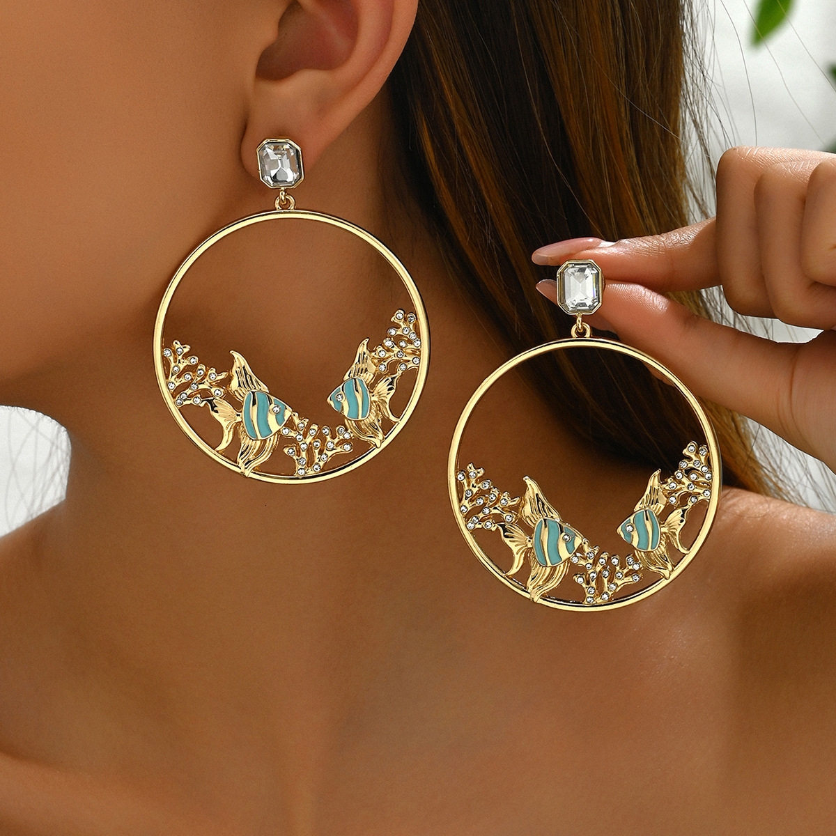 Minimalist Fashion Style Women's Little Fish Design Inlaid Stud Electroplated Drop Earrings