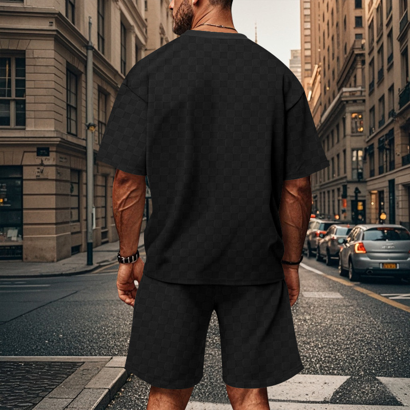 Mens tracksuit fashionable T-shirt casual shorts new jacquard check short-sleeved T-shirt loose large-sized straight casual shorts set European code: 