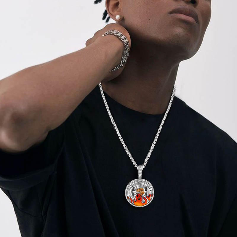 Hip Hop Punk Trendy Enamel Flame Dumbbell Moissanite Round Unique Niche Bling Bling Pendant Necklace