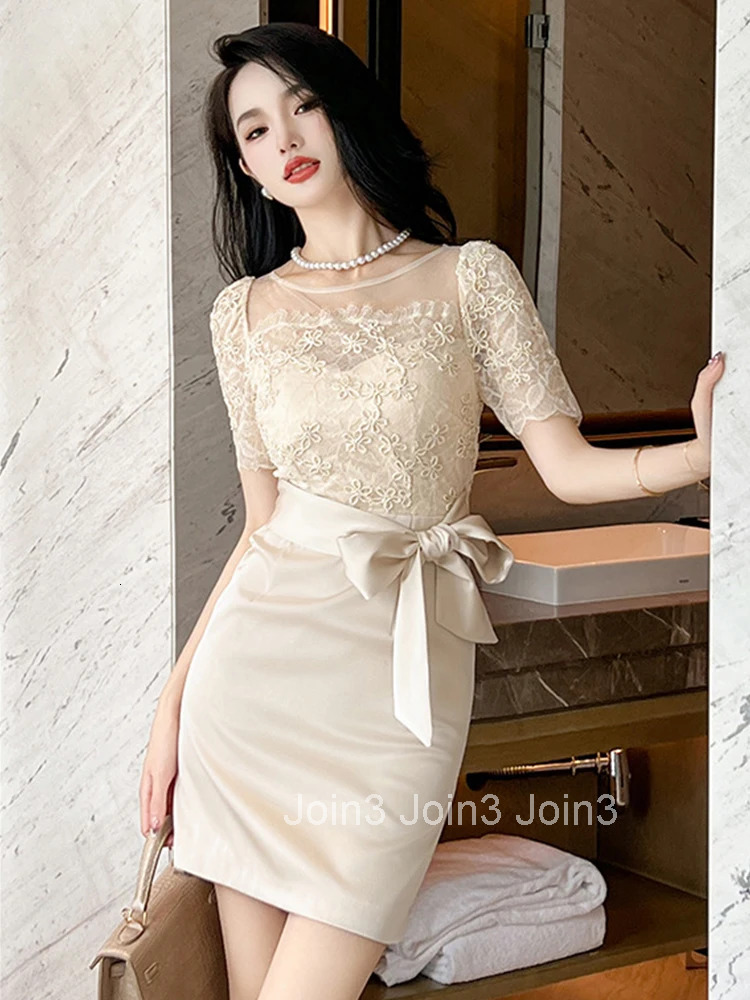 New Fashion Summer Short Dress Women Ladies Clothes Elegant Office Luxury Sweet Chic See Through O-Neck Slim Mini Mujer Vestidos