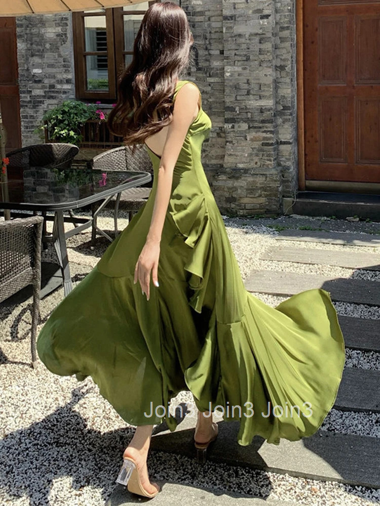 Korean Summer Satin Elegant Women Dress Casual Sexy Tank Backless Ruffle Split Maxi Party Lady Robe Femme Beach Mujer Vestidos
