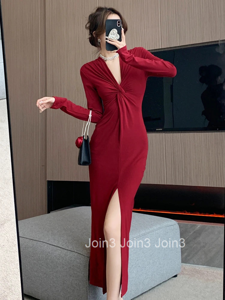 Spring Autumn Fashion Casual Stretchy Long Dress Women Elegant Solid V-Neck Folds Skinny Slit Maxi Robe Vestidos Street Clothes