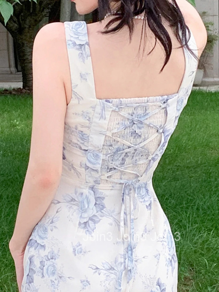 Summer Long One Piece Dress Women Vacation Clothes Elegant Pretty Sweet Print Tank Sleeveless Slim Midi Party Robe Mujer Vestido