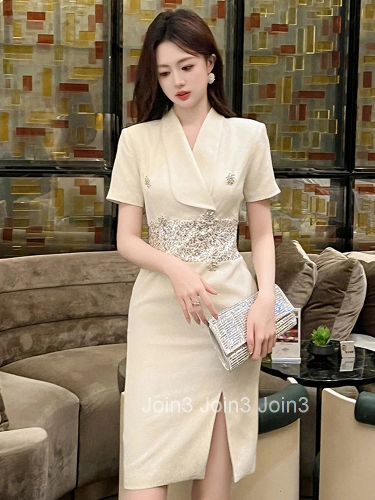 Women Clothes Business Formal Occasion Sequin Splicing Short Sleeve Slim Midi Pencil Dress Elegant Fashion Vestidos Summer New
