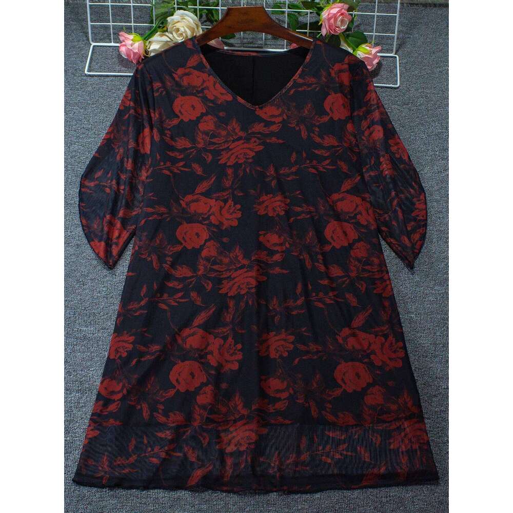 Boho Floral Print Maxi - Layered Mesh V-Neck Plus Size Women's Dress