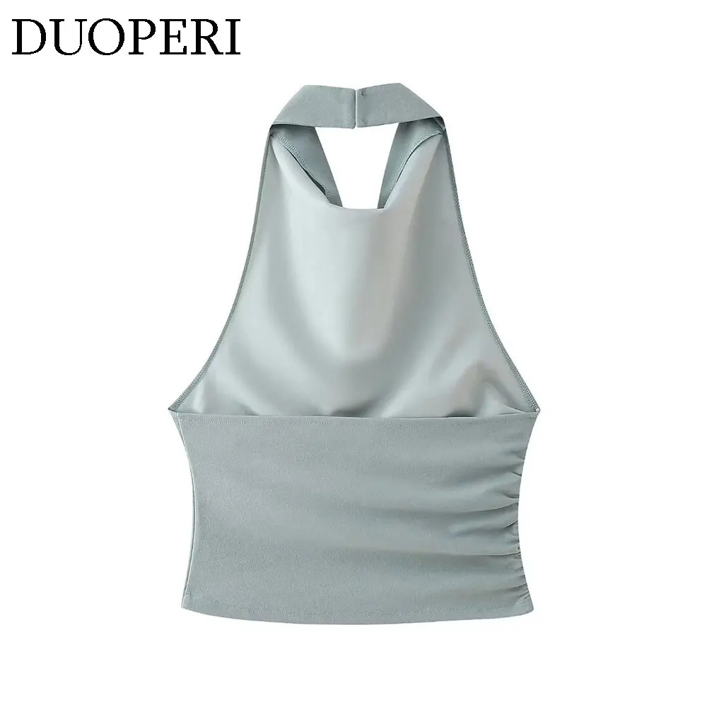 DUOPERI Women Fashion 2 Pieces Sets Halter Neck Camisole and High Waist Back Slit Midi Skirt Female Chic Lady Coordinates 250614