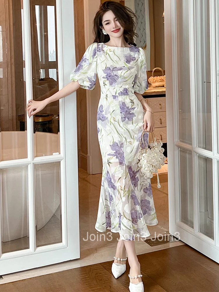 Summer Elegant Office Women Evening Dress Sweet Floral Print O-Neck Slim Midi Fishtail Party Prom Beach Robe Femme Mujer Vestido