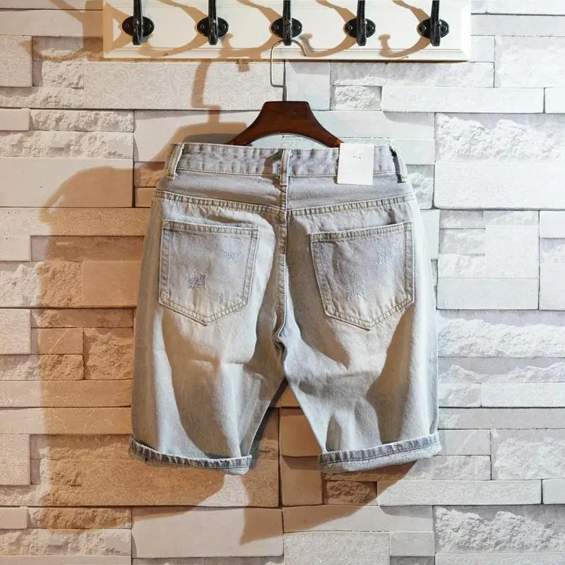 Short Jeans Pants for Men Blue Slim Ripped Mens Denim Shorts Original Streetwear Summer Stretch Korean Fashion Distressed Retro 250617