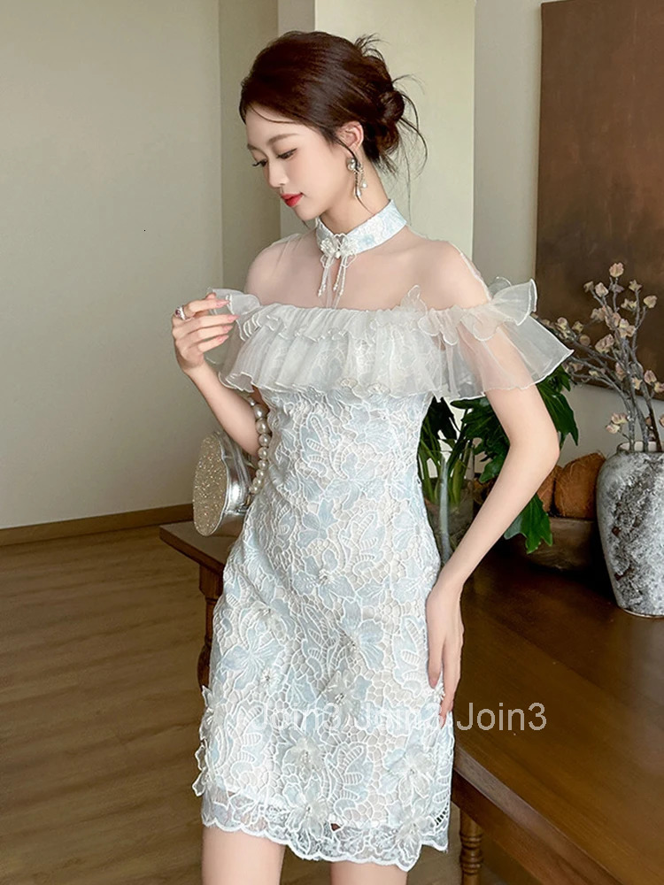 Summer Fashion Lace Floral Vacation Evening Dress Women Clothing Sweet Elegant Sheer Sexy Short Sleeve Slim Party Prom Vestidos