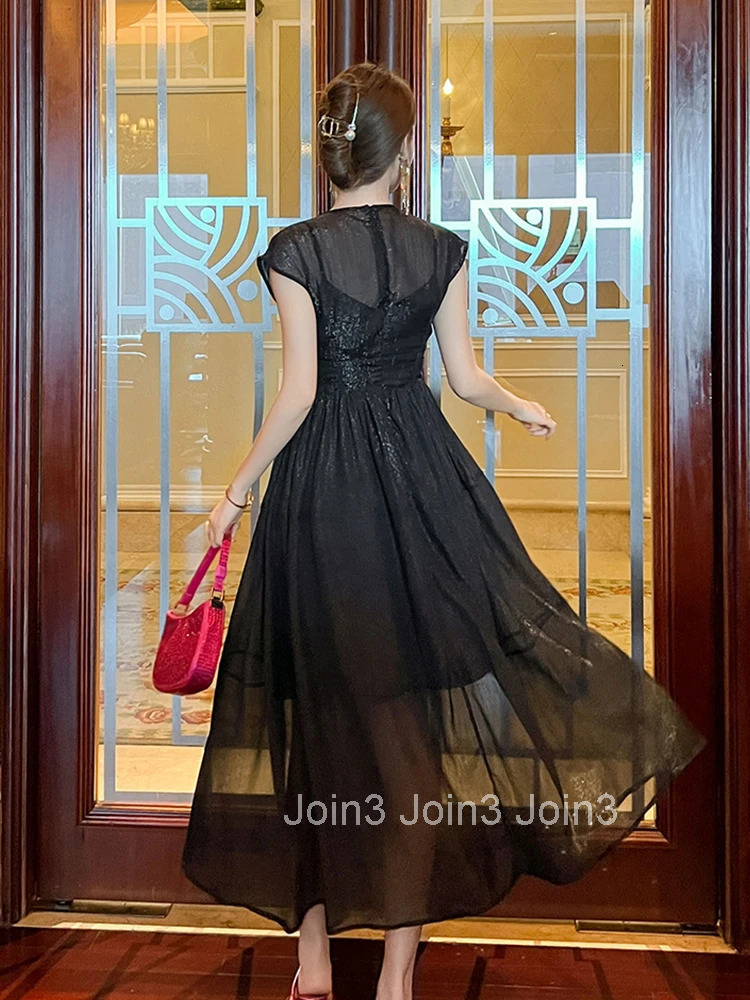 Summer Bright Silk Black Evening Dress Women Clothes Elegant Sheer Sexy Sleeveless Corset Slim Party Prom Vestidos Fiesta Robe