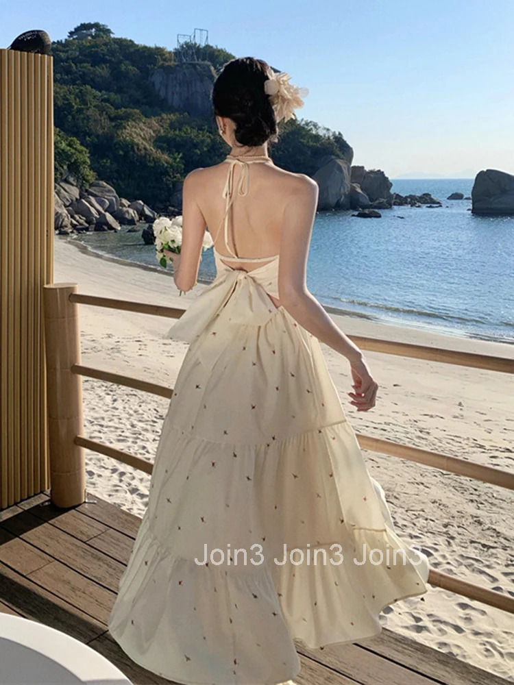 Women Vacation Clothes Sweet Print Sexy Halter Backless A-Line Maxi Long Dress Elegant Fashion Party Prom Vestido Robe Beach New
