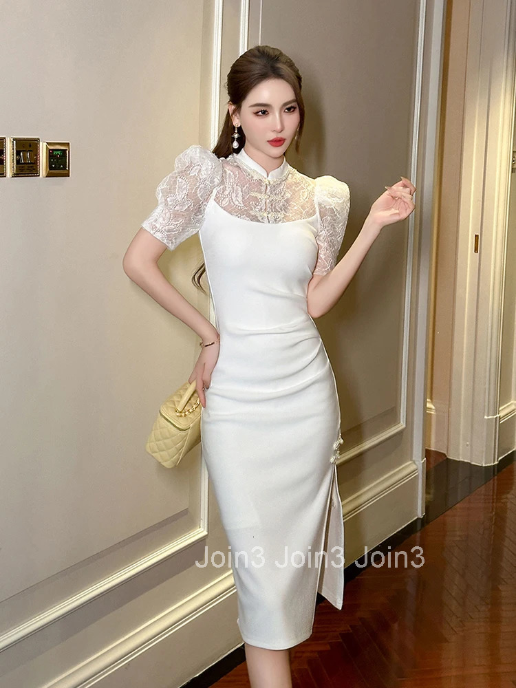 Summer Fashion White Lace Splic Evening Dress Women Clothes Elegant Vintage Sheer Sexy Puff Sleeve Slim Midi Party Prom Vestidos