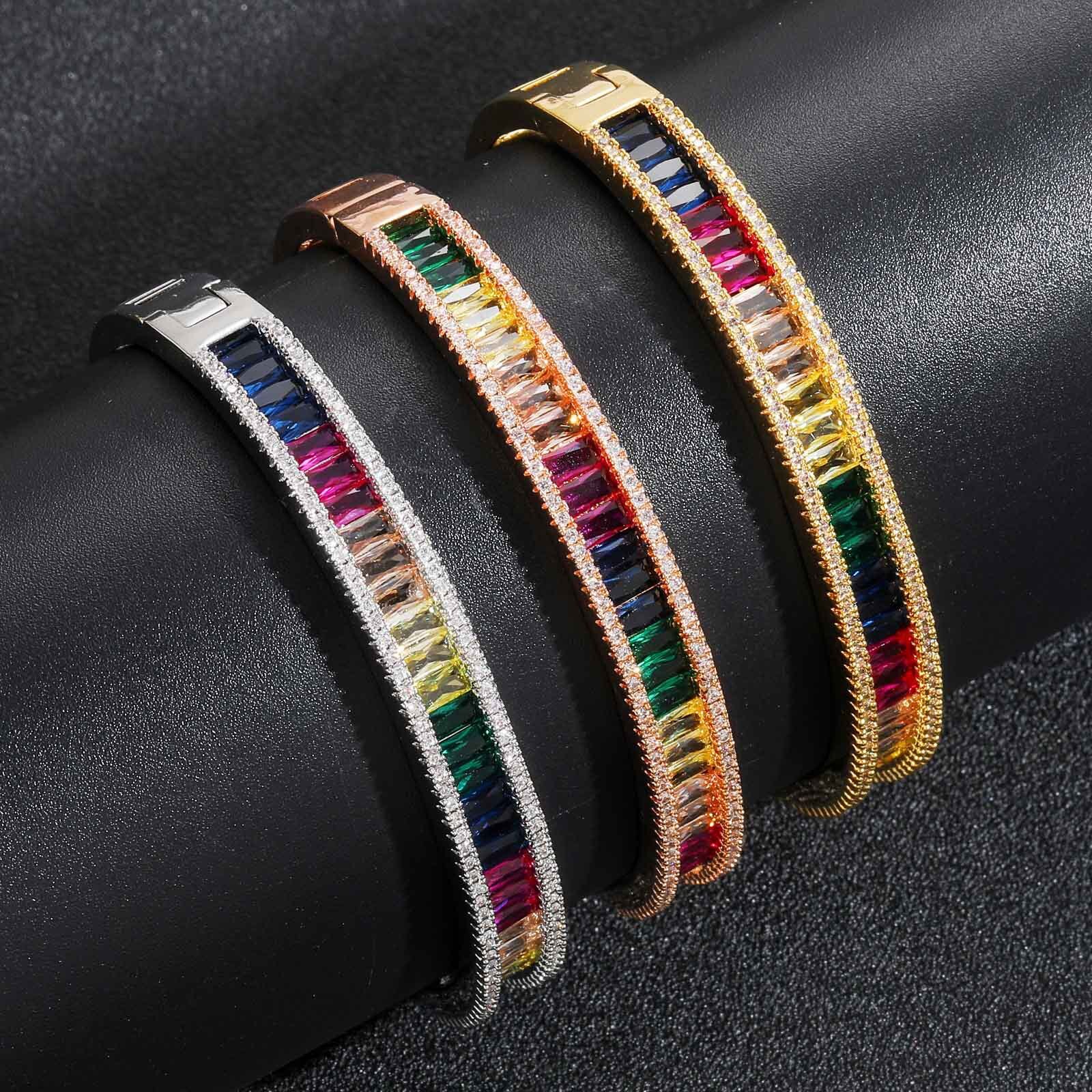 Hip Hop 8mm Multicolor Hidden Clasp Women's Niche Luxury Emerald Cut Diamond Personalized Trendy Bracelet Accessory