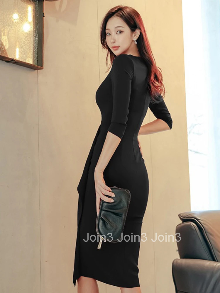 Spring Autumn Elegant Women Evening Dress Temperament Chic Solid Sexy O-Neck Hollow Slim Slit Midi Party Club Prom Mujer Vestido