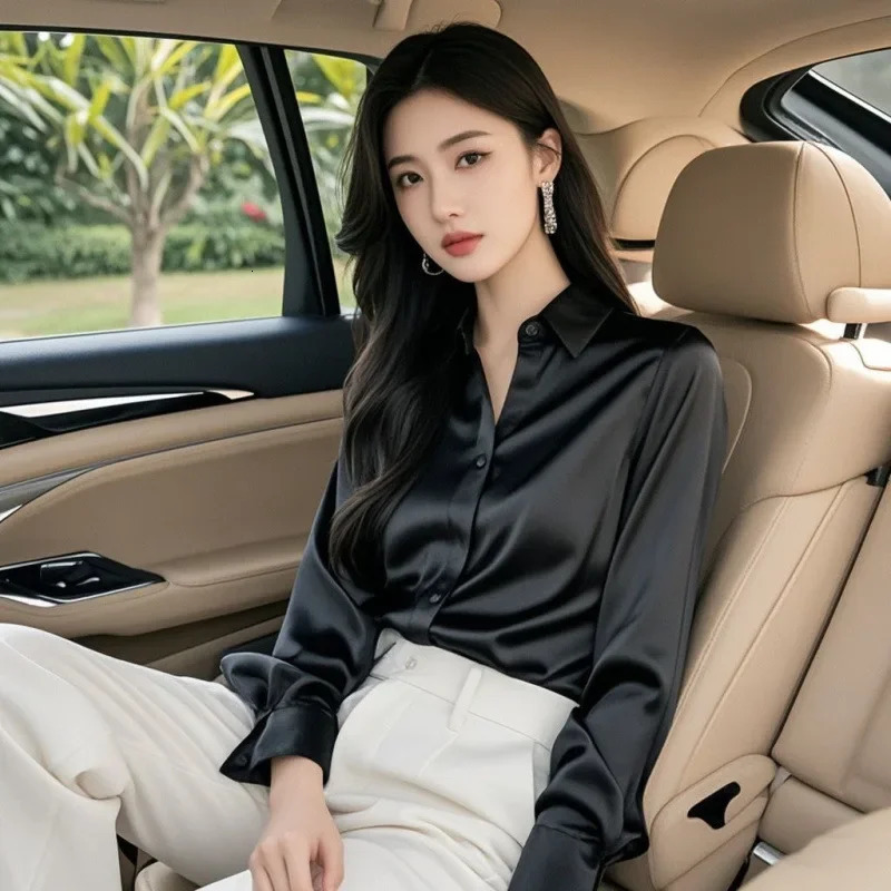 2025 High-end Gray Satin Shirt Blouse Women Style Satin Coat Lapel Red Womens Long Sleeve French Silk Professional Shirt 250617